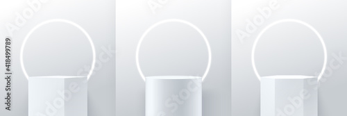 Set of abstract vector rendering 3d shape for advertising product display presentation. Modern white cube, cylinder and hexagon pedestal podium, Empty room and neon ring decorate. Minimal wall scene.