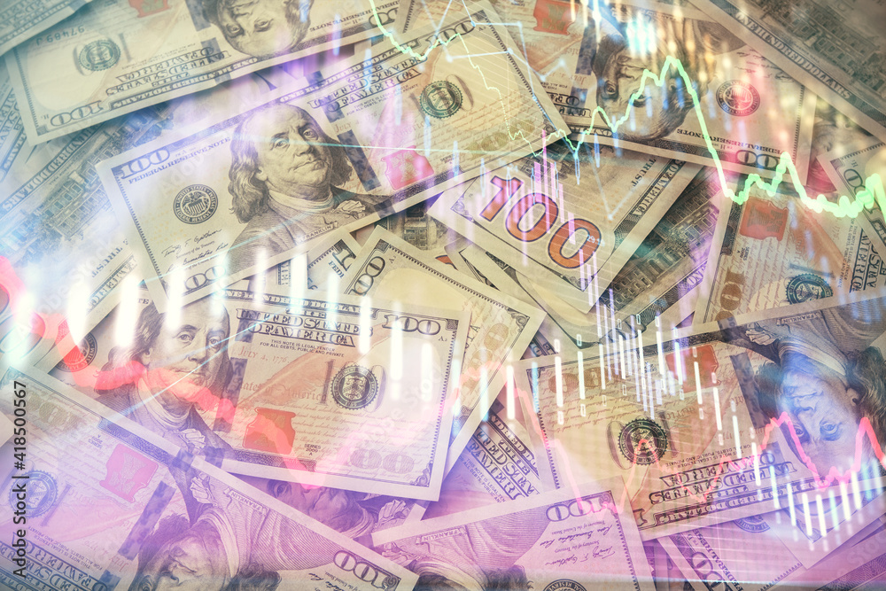 Multi exposure of forex chart drawing over us dollars bill background. Concept of financial success markets. Multi exposure of forex chart drawing over us dollars bill background. Concept of financial success markets.