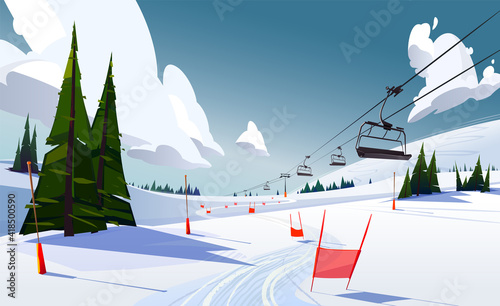 Winter mountains panorama with ski slopes and ski lifts on a sunny day photo