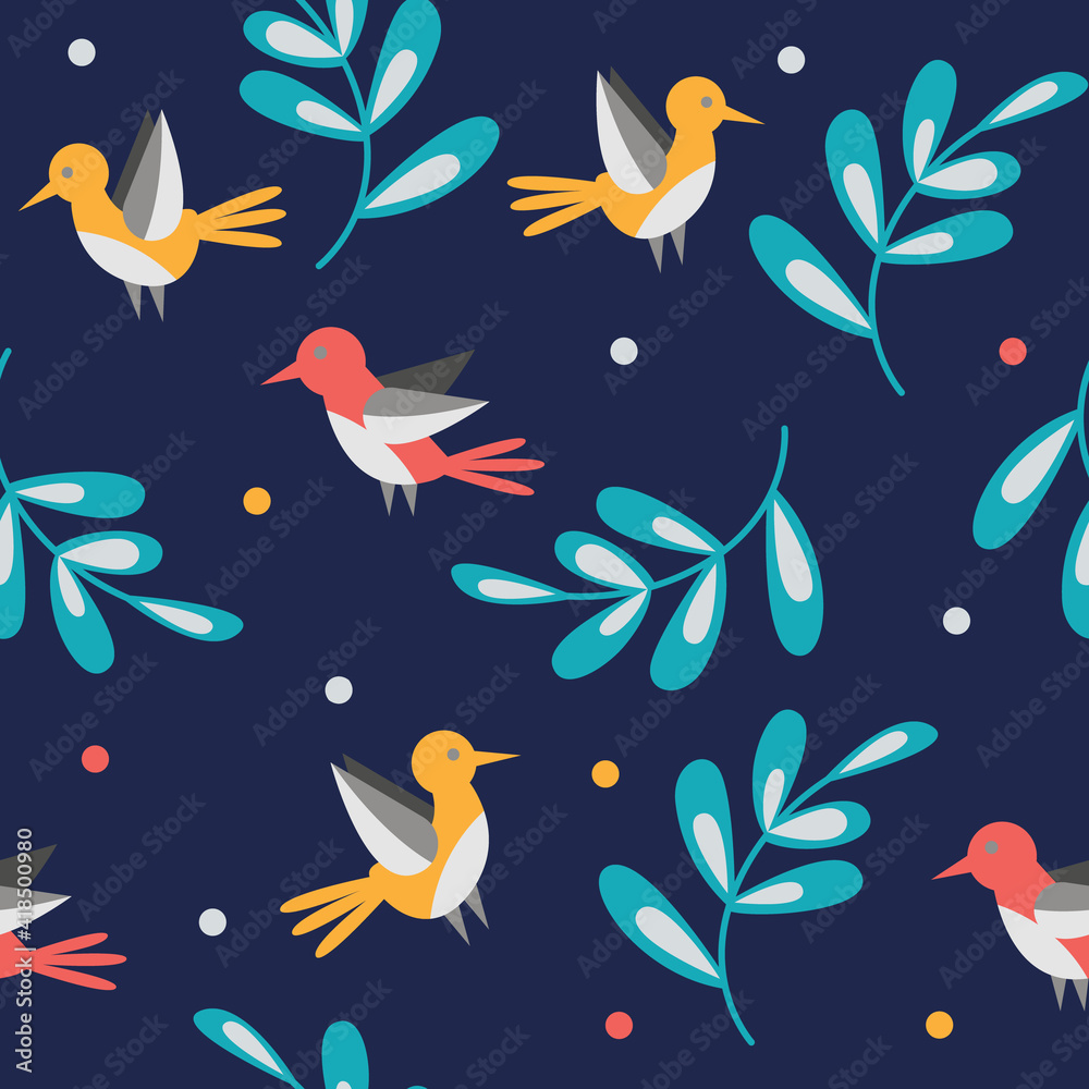 Seamless pattern with birds and leaves. Modern background for packaging and design.