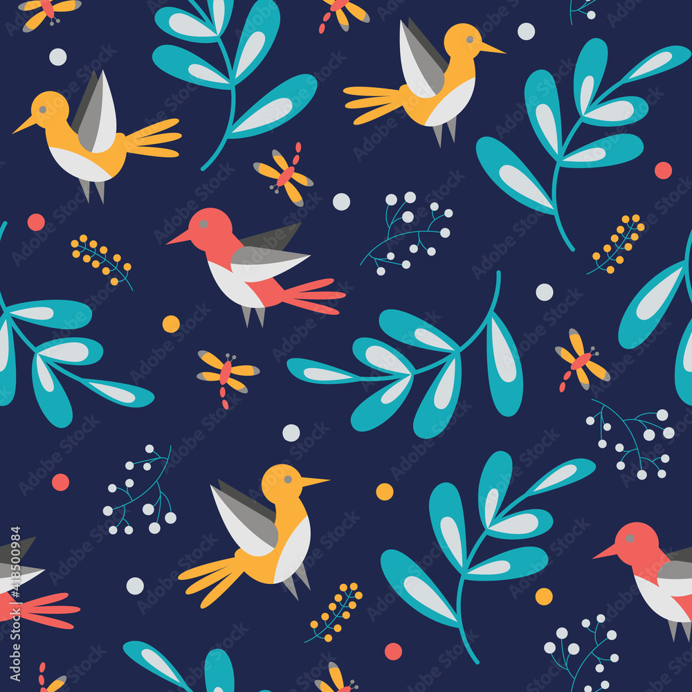 Seamless pattern with birds and leaves. Modern background for packaging and design.