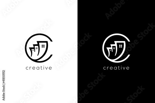 Minimalist letter C with home sales logotype. Creative vector based icon template.
