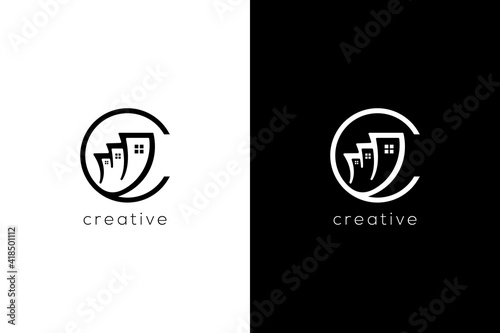 Minimalist letter C with home sales icon symbols. Abstract outline vector of  real estate agent logo design graphic.