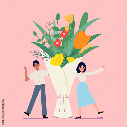 flower bouquet with man and women. valentines's day - vector