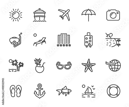 Vector set of vacation line icons. Contains icons hotel, cruise ship, travel, luggage, beach, snorkeling, cocktail and more. Pixel perfect.