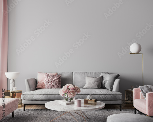 Elegant modern living room design, wall mockup in pink and gray home decor, 3d render