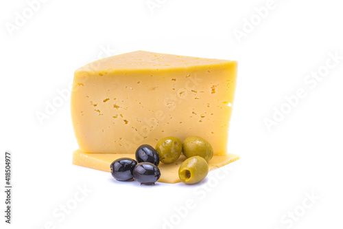 Solid yellow gouda cheese, close-up, isolated on a white background.selective focus.