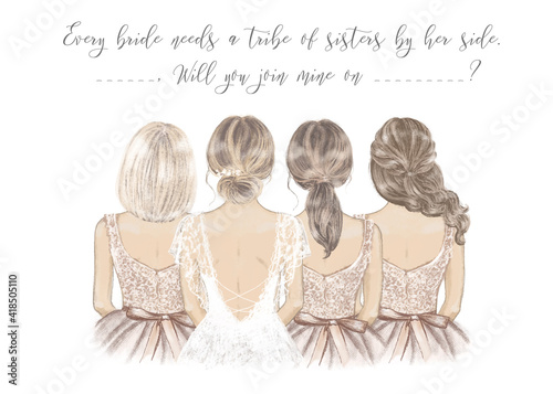Bride with Bridesmaids in a line, hand drawn illustration