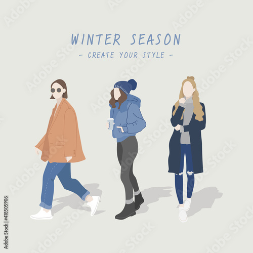 Winter women style, cute characters, and fashionable.