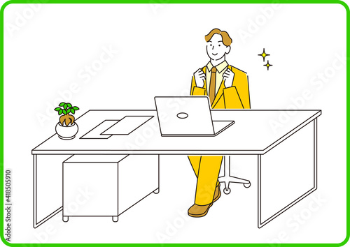 パソコンの前に座ってオンラインで会話をしているスーツ姿の男性 程よいシンプルなイラスト ベクター