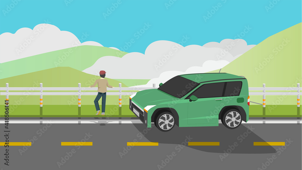 Fototapeta premium Men stand to admire mountain views on the edge of the road. Green passenger car was parked on the asphalt road. Mountain background is complex and the sky is foggy during the time.