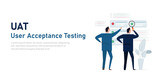 UAT user acceptance testing process in system development by businessman looking check mark list