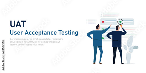 UAT user acceptance testing process in system development by businessman looking check mark list photo