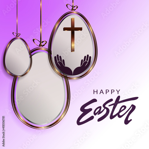 Easter light purple design, abstract eggs on pendants with gold border, cross and hands