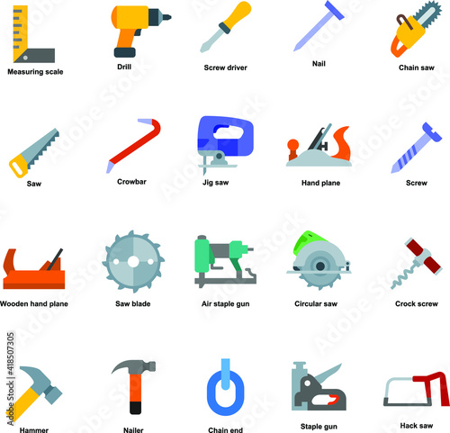 Carpenter tools flat icons set with measuring scale, drill, screw driver, nail, chain, crowbar, jig saw, hand plane, screw, saw blade, circular saw, crock screw, air gun, hammer, nail, staple