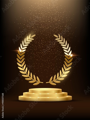 Golden podium with laurel glowing. Gold stage with glitter and light fog on dark background. Hollywood fame in film and cinema or championship in sport vector illustration