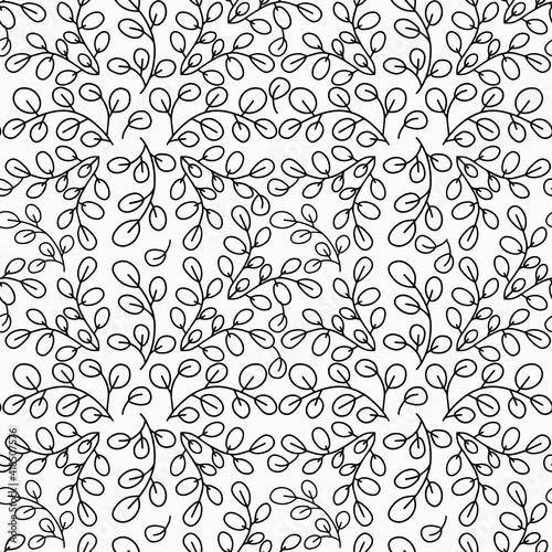 Seamless pattern of botanical elements. Tree branches with leaves. line art. black and white illustration for wrapping paper, textiles and home decor. vector