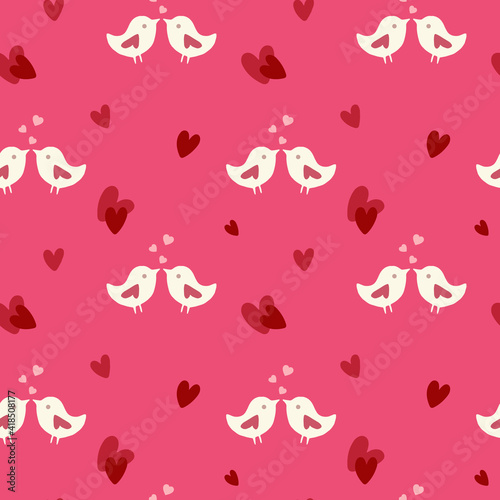 Lovely pattern with birds and hearts. Vector holiday background. Valentine's Day. Gift wrap, print, cloth, cute background for a card.