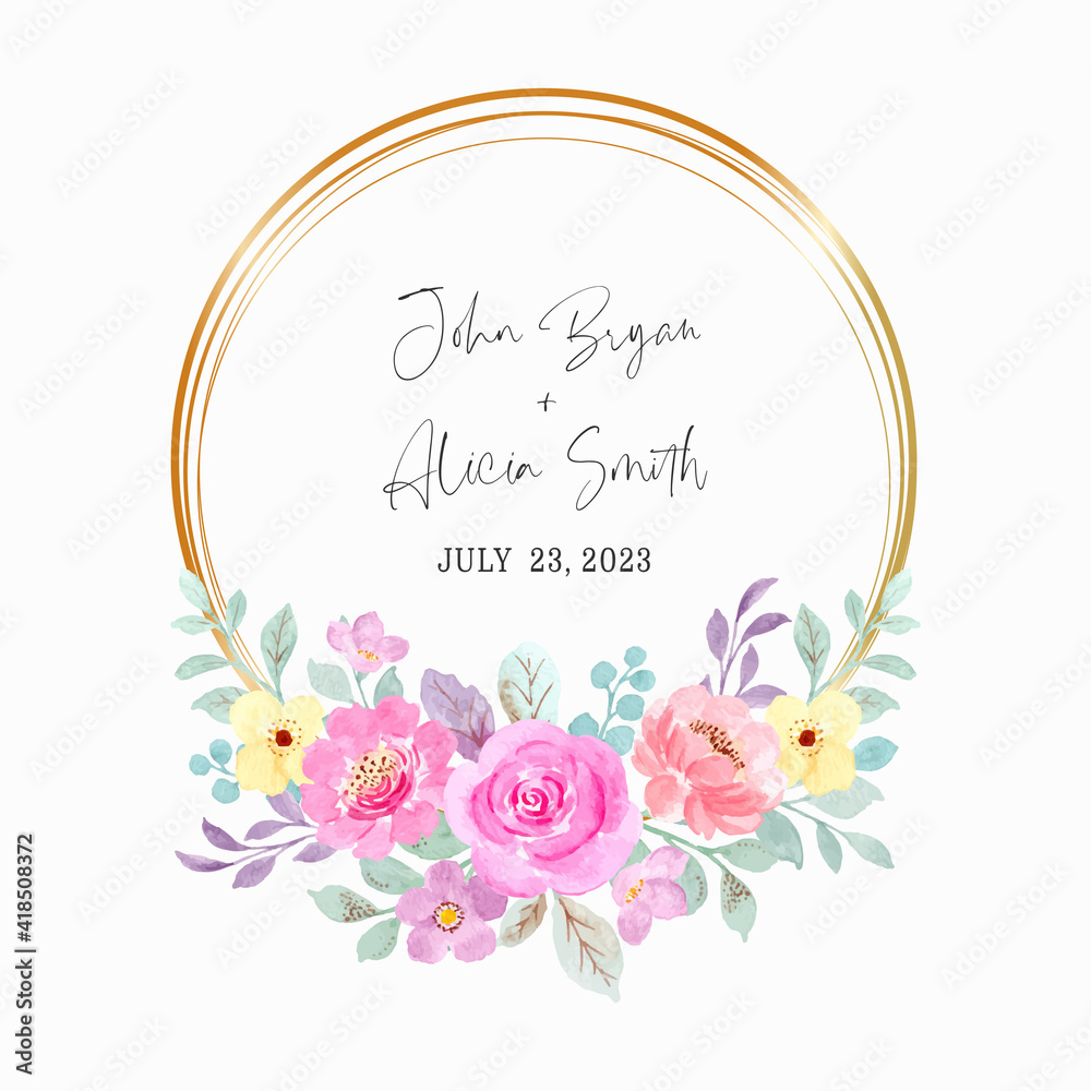 Watercolor pink floral wreath with golden frame