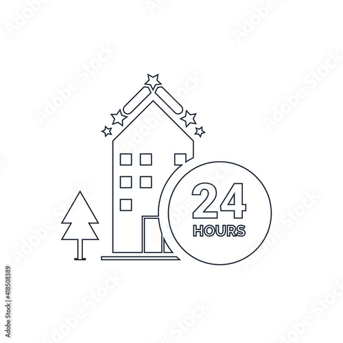 Hotel 24 hours service icon. Hotel icon, resort icon with watch, hotel with time icon with vector illustration.