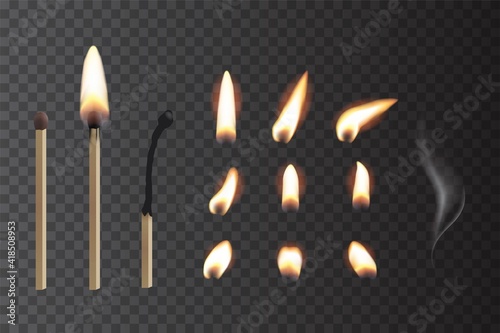 Match sticks with flame sequence set. Wooden matches, burning, hot and glowing red, blown out. Abstract realistic vector illustration. Lights, flames and smoke collection on transparent background