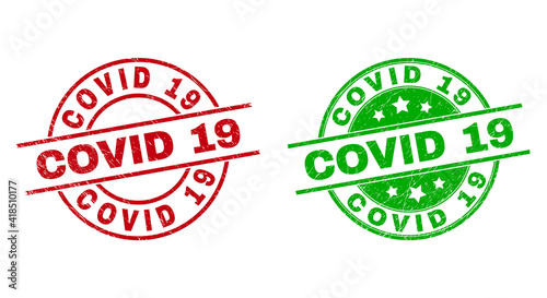 Round COVID 19 seal stamps. Flat vector distress seal stamps with COVID 19 caption inside circle and lines, using red and green colors. Rubber imitations with unclean style.