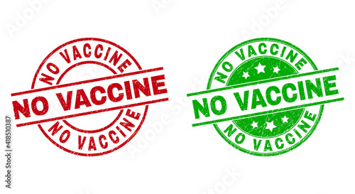 Round NO VACCINE stamp badges. Flat vector textured stamp watermarks with NO VACCINE caption inside circle and lines, in red and green colors. Stamp imprints with unclean surface.