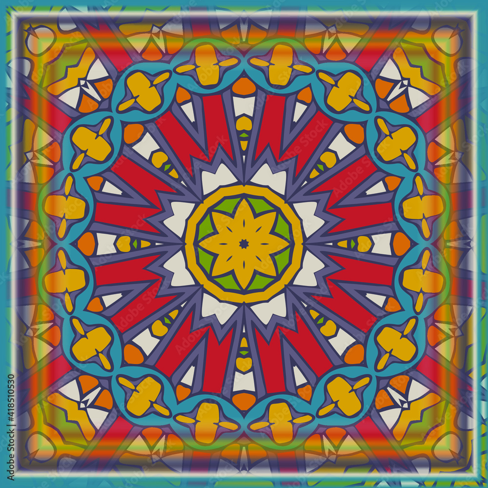 Trendy bright color seamless mandala pattern in white red blue yellow for decoration, paper, tiles, textiles, carpet, pillows. Home decor, interior design, cloth design. Frame.