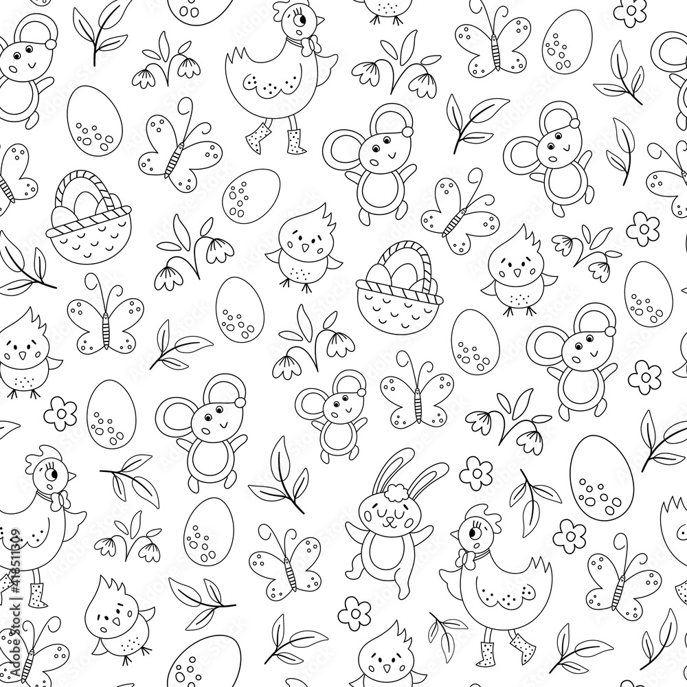 Vector black and white Easter characters seamless pattern. Spring repeating background. Cute outline animal digital paper for kids. Funny texture with chick, hen, butterfly, egg, flowers.