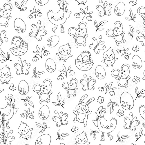 Vector black and white Easter characters seamless pattern. Spring repeating background. Cute outline animal digital paper for kids. Funny texture with chick  hen  butterfly  egg  flowers.