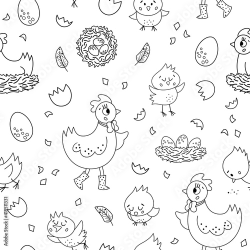 Vector seamless pattern with cute hen, little chicks, eggs, nest. Spring or Easter funny repeating background for kids. Farm bird digital paper .