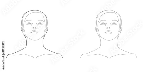 Bottom view of woman's face and neck template. Medicine and cosmetology scheme. Graphic line drawing. Vector illustration.