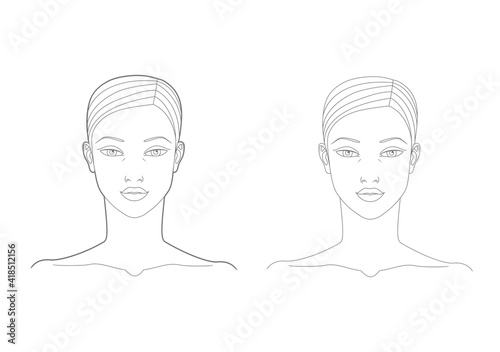 Template of the face and neck of a woman in the front. Medicine and cosmetology scheme. Graphic line drawing. Vector illustration.