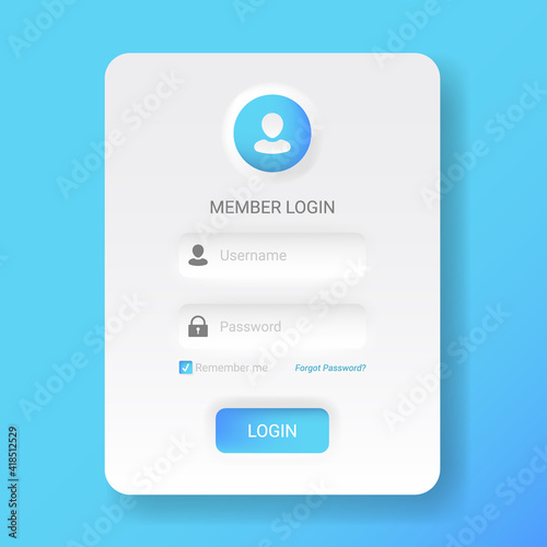Member login menu in neomorphic or Neomorphism style, modern 2020 minimalistic white design UI UX kit, vector illustration easy to edit