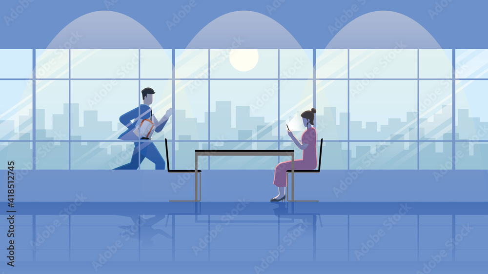 Businessman runs with gift box outdoor for dinner with a woman that using smartphone and waiting in a restaurant at night with full moon. City lifestyle of be late business people work hard over time. Businessman runs with gift box outdoor for dinner with a woman that using smartphone and waiting in a restaurant at night with full moon. City lifestyle of be late business people work hard over time.