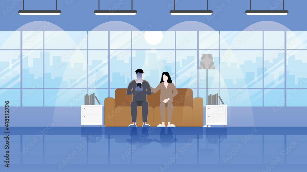 Relationship problem from smartphone addiction. One of couple addict social network use application in mobile phone while stay together. Ignore and separate from surround in sofa living room at home.