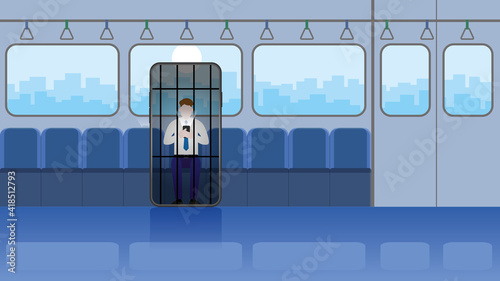 Technology problem smartphone addiction concept. City lifestyle of office people addicts to social network application like a prisoner in jail. Ignore person surround in train public transportation. 