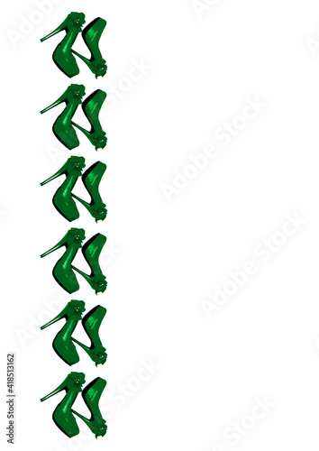 Frames on a white background A4, vertical - Dressed green shoes on the platform with a bow on a high thin heel.