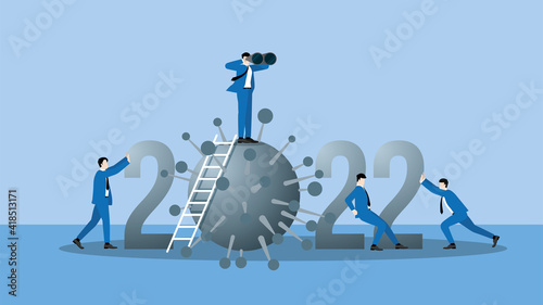 Business outlook vision concept in year 2022. Visionary businessman leader use binoculars to forecast business opportunity. On top of ladder above the year 2022 number and virus, COVID-19 coronavirus.