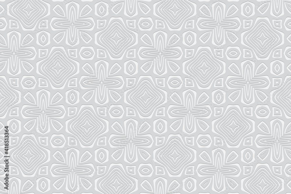 Geometric decorative white background in African, Mexican style. Volumetric composition with 3D effect of convex shape. Ethnic embossed pattern for presentations. Geometric decorative white background in African, Mexican style. Volumetric composition with 3D effect of convex shape. Ethnic embossed pattern for presentations.