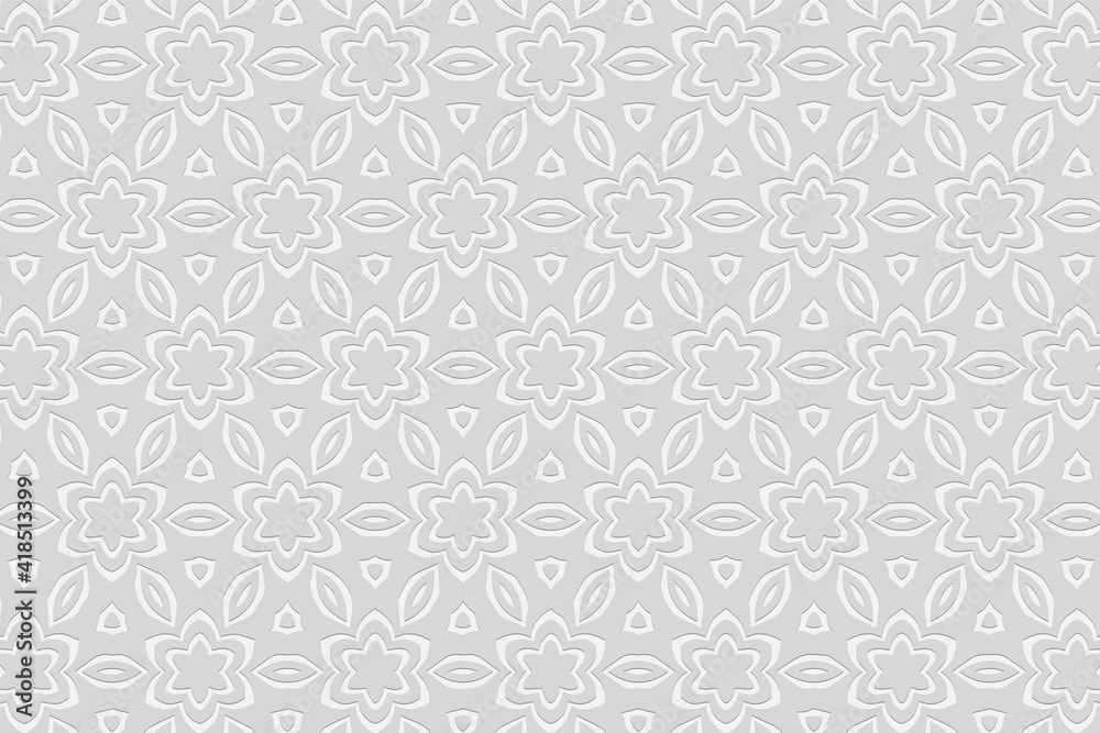 Geometric stylish floral white background. Volumetric original composition with 3D effect of convex shape. Ethnic embossed pattern for design and decoration.