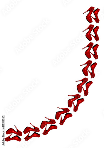 Frames on a white background A4, vertical - Dressed red shoes on the platform with a bow on a high thin heel.