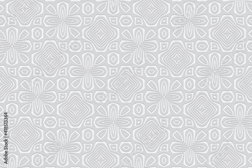 Geometric decorative white background in African, Mexican style. Volumetric composition with 3D effect of convex shape. Ethnic embossed pattern for presentations.