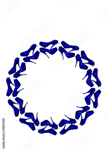 Frames on a white background A4, vertical - Dressed blue shoes on the platform with a bow on a high thin heel. Shoes.