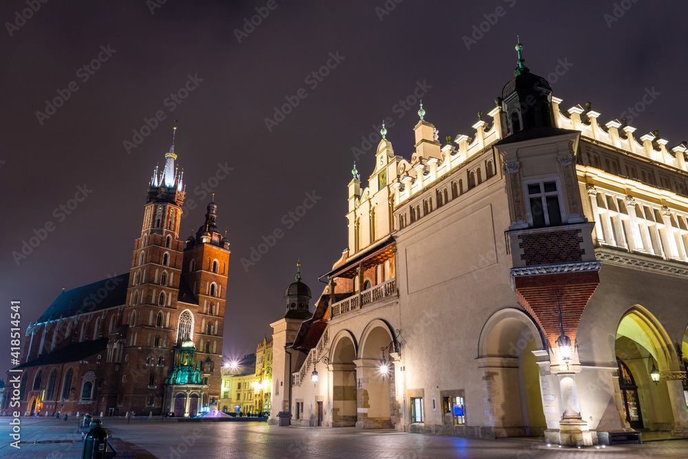 Old market square in Krakow at night in Poland