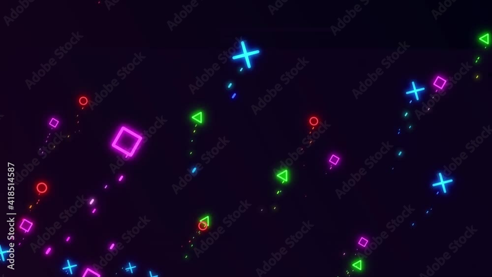 combo triangle, circle, cross + square. Neon game symbols flying.  Loop