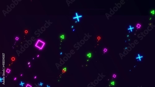 combo triangle, circle, cross + square. Neon game symbols flying.  Loop