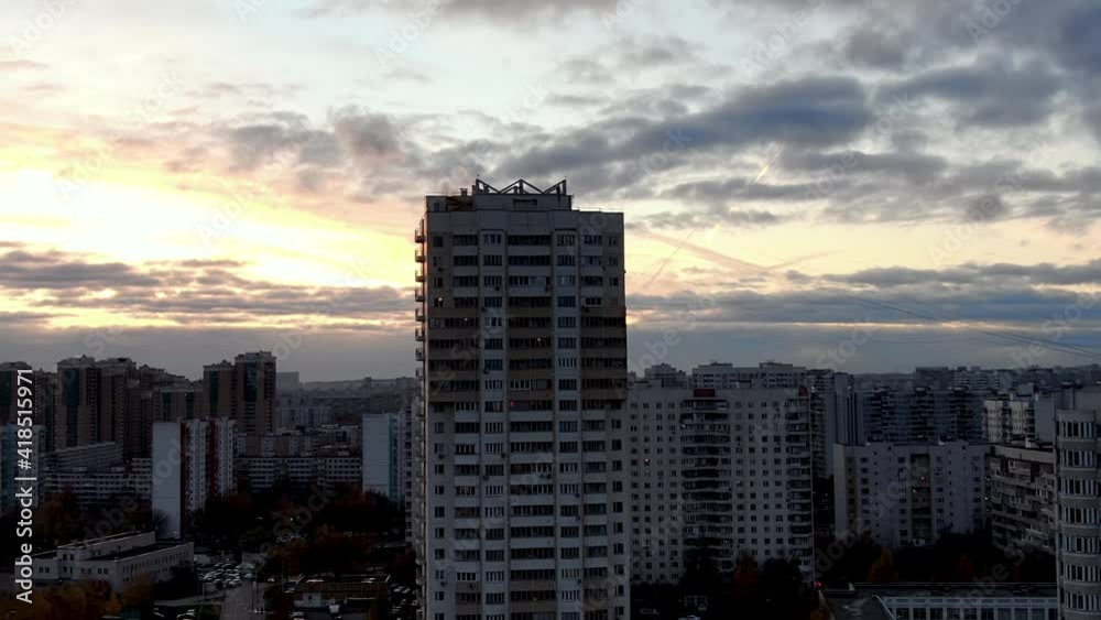 Drone video. Sunset over Moscow. Dolly zoom effect. High building. Drone video. Sunset over Moscow. Dolly zoom effect. High building.
