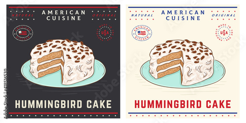 Hummingbird cake vintage retro dessert illustration