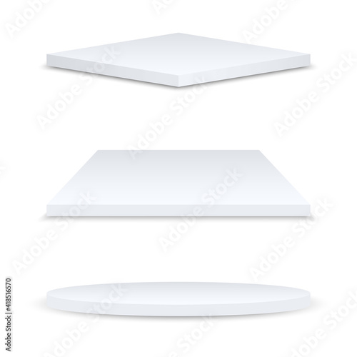 Set of realistic podiums or exhibition pedestals isolated on white background. Round, square and rhombus. 3d empty podium. Mock up template for your design. Concept for advertising or presentation.